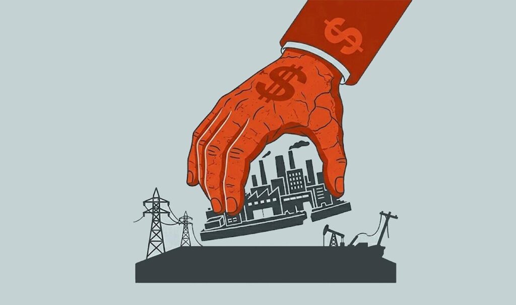 A giant hand removes a factory from an oil drilling landscape.