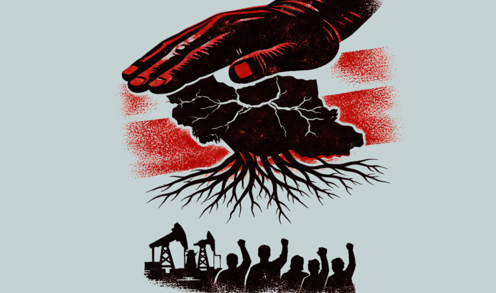 A dark hand uproots a large tree while people below raise their fists and oil wells loom in the background.